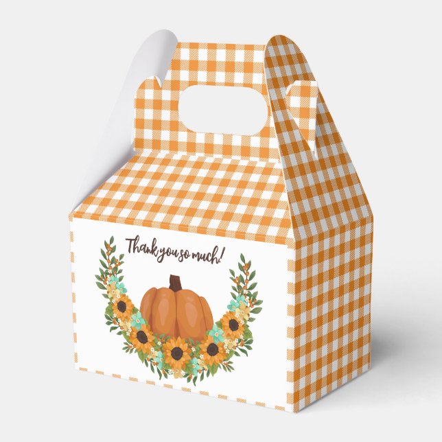 Caixinha De Lembrancinhas Laranja Gingham Abóbora & Girassóis Obrigada (Frente)
