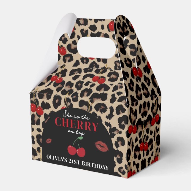 Caixinha De Lembrancinhas Leopard Cheetah Cherry Birthday Favor Box (Frente)