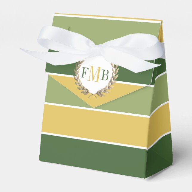 Caixinha De Lembrancinhas Listras verdes e douradas e casamento com monogram (Frente)