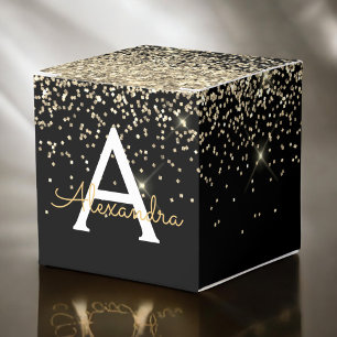 Caixinha De Lembrancinhas Luxo Preto Dourado Brilho Glitter Monograma