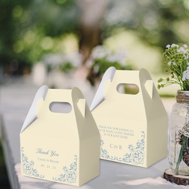 Caixinha De Lembrancinhas Manteiga Elegante Amarelo e Casamento Azul Obrigad (elegant butter yellow wedding thank you gift favor boxes with bride and groom name plus message)