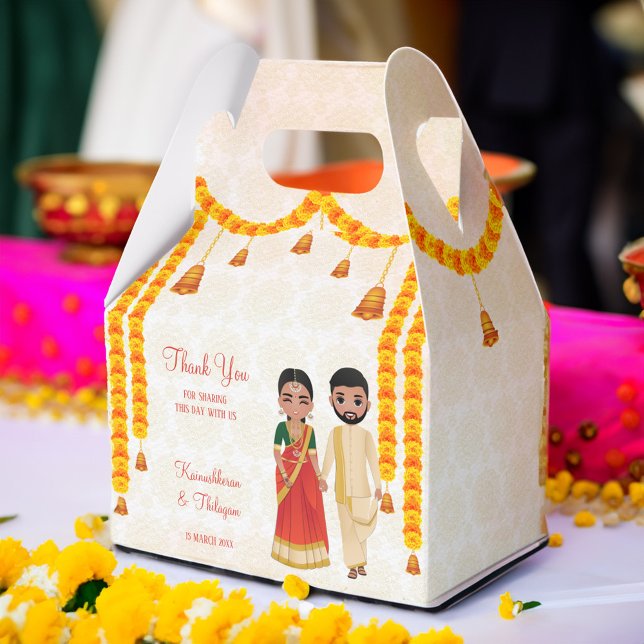 Caixinha De Lembrancinhas Marigold garlands sinalizou com o casamento Tamil  (Tamil South Indian wedding favor gift boxes marigold garlands cute Tamil bridal couple cartoon box)