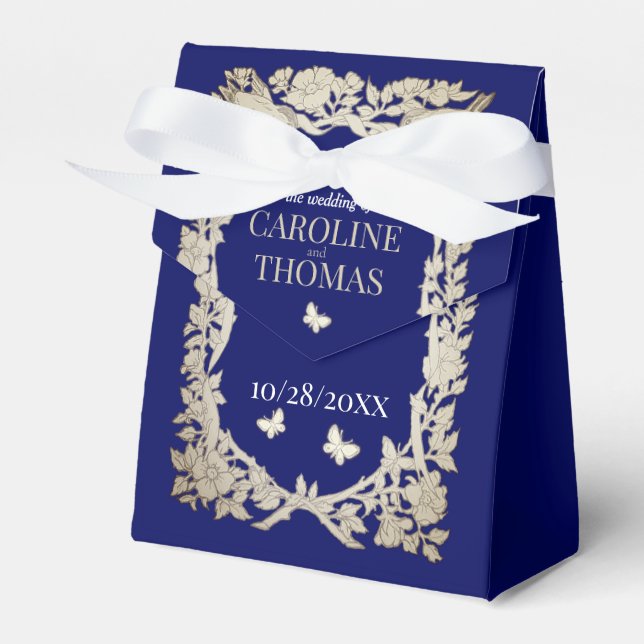 Caixinha De Lembrancinhas Marinho Azul Tan Foliage Ornamentado Casamento de  (Frente)