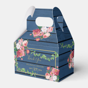 Caixinha De Lembrancinhas Marinho Blue Wood Vintage Rosas Rosa e Casamento D