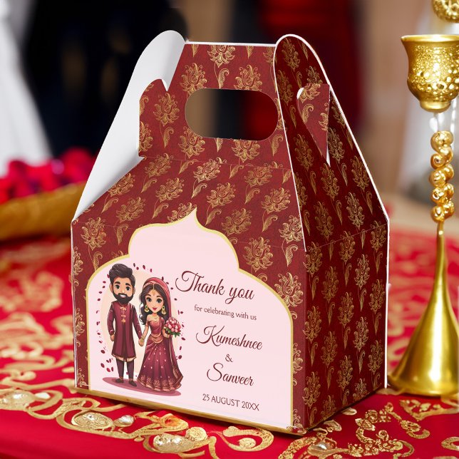 Caixinha De Lembrancinhas Maroon e ouro, bonitinho, desenhos de casal de noi (Maroon and gold Indian wedding favors cute bridal couple cartoon personalized printed Favor Boxes)