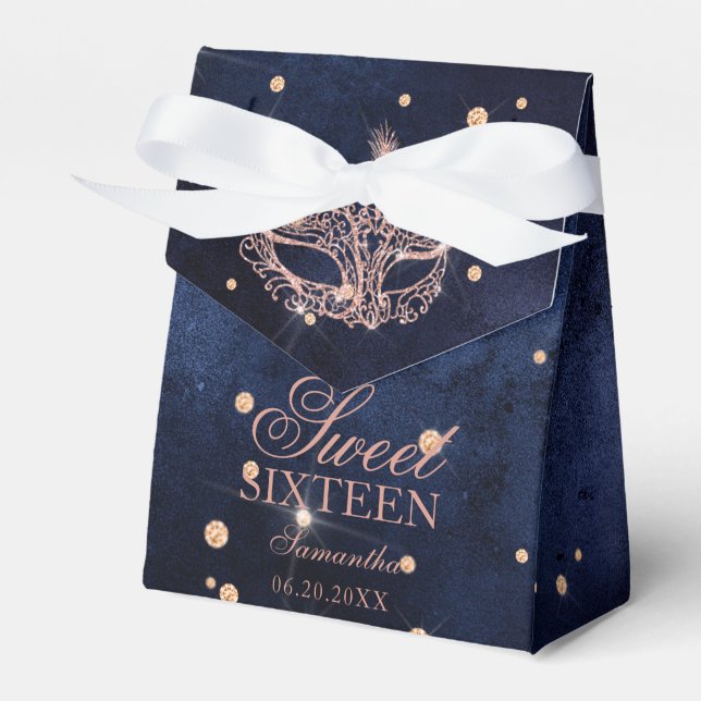 Caixinha De Lembrancinhas Máscara de mascarada elegante glitter rosa dourado (Frente)