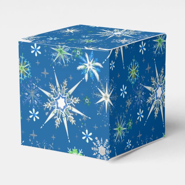 Caixinha De Lembrancinhas Mid-Century Snowflakes Galore On Blue (Frente)