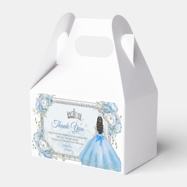 Caixinha De Lembrancinhas Mis Quince Blue Floral Silver Crown Quinceañera (Frente)