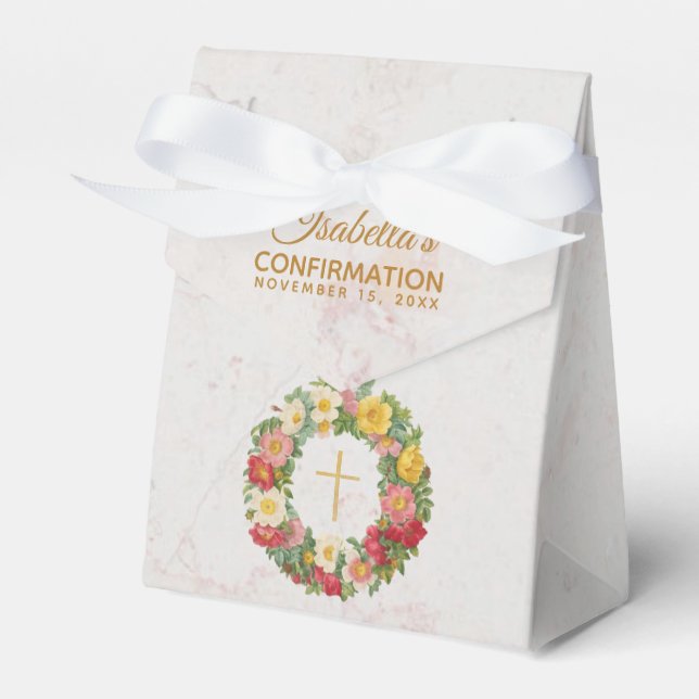 Caixinha De Lembrancinhas Moça Confirmação Floral Marble Cross Rosa Wreath (Frente)