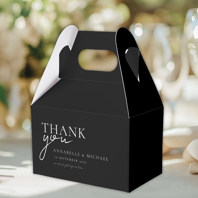 Caixinha De Lembrancinhas Moderno, Mínimo, Preto, Casamento (Personalized, Modern, Minimal, Beige, THANK YOU Wedding Favor Boxes with your Names and Date.)