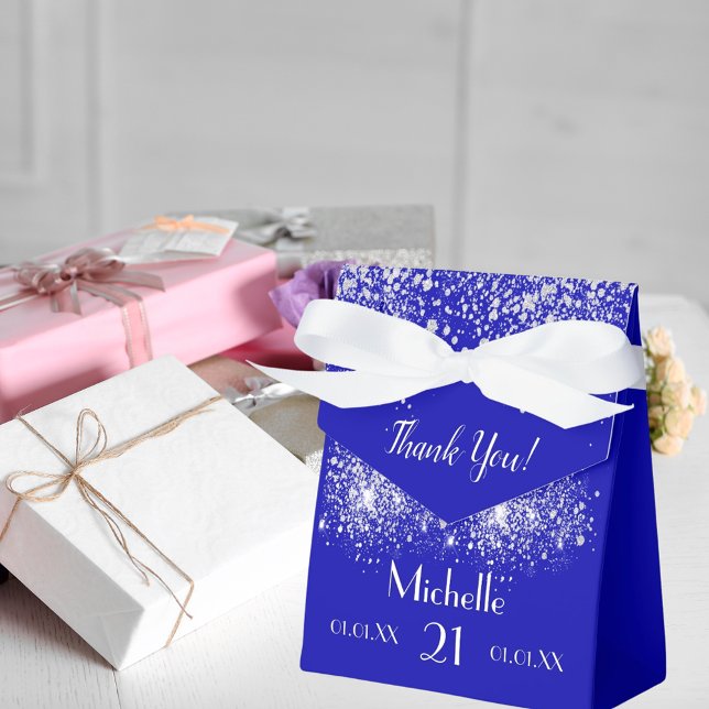 Caixinha De Lembrancinhas Monograma branco azul-real de prata de aniversário (Criador carregado)