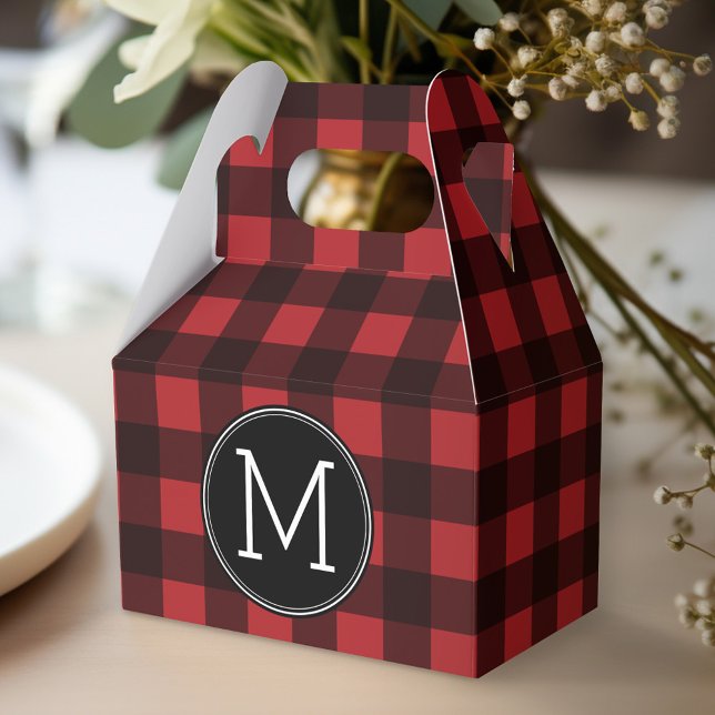Caixinha De Lembrancinhas Monograma do Padrão Rustic Red & Black Buffalo Xad (Personalized favor box - monogram buffalo plaid)