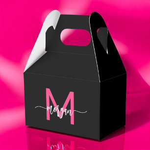 Caixinha De Lembrancinhas Monograma Na moda Moderno Rosa Quente Preto