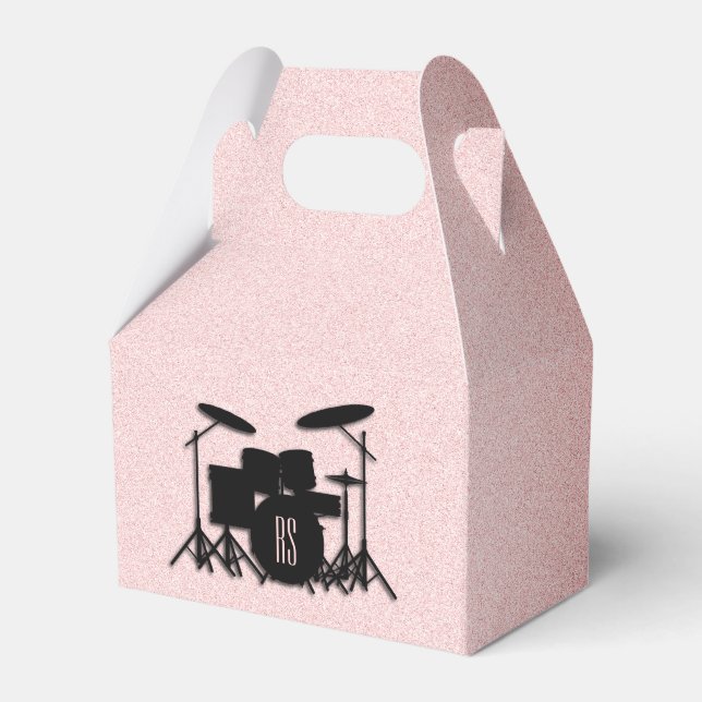 Caixinha De Lembrancinhas Monogramo Drum Set Music Design Rosa (Frente)