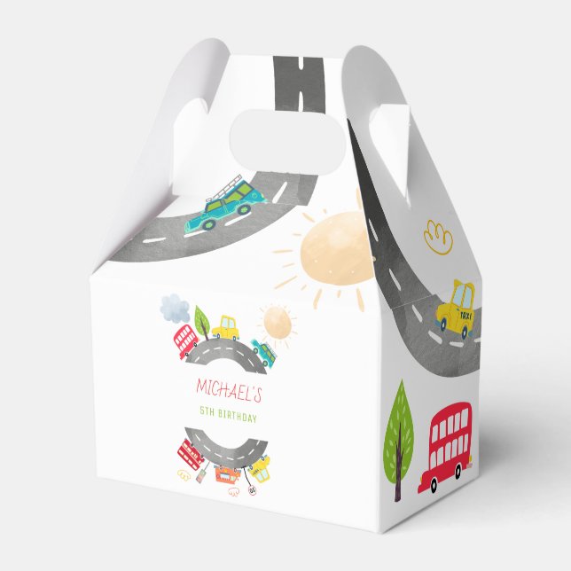 Caixinha De Lembrancinhas Na estrada veículos felizes, aniversário do garoto (Frente)