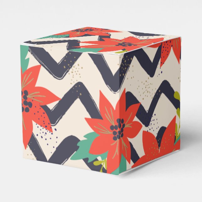 Caixinha De Lembrancinhas Natal Red Poinsettia Black & White Chevron (Frente)