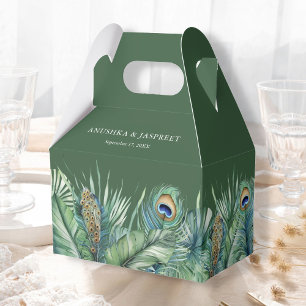 Caixinha De Lembrancinhas Noiva de penas de pavão tropical verde indiano