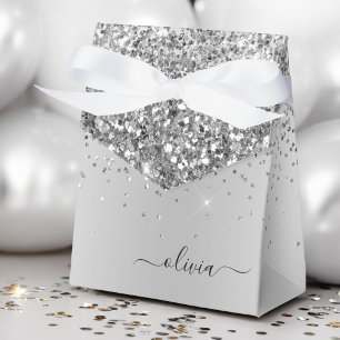 Caixinha De Lembrancinhas Nome do Glam do Monograma do Silver Glitter Metal