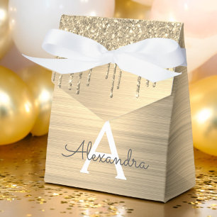 Caixinha De Lembrancinhas Nome do Monograma Dourado com Glitter Brugado Meta