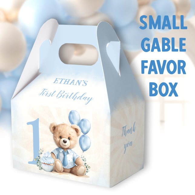 Caixinha De Lembrancinhas Número do Urso do primeiro aniversario Azul bege (Blue Bear Small Gable Favor Boxes - You can choose from 3 sizes of these gable favor boxes)