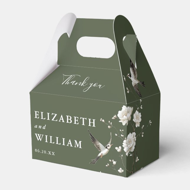 Caixinha De Lembrancinhas Olive Green Chinoiserie Casamento Floral Obrigado (Frente)