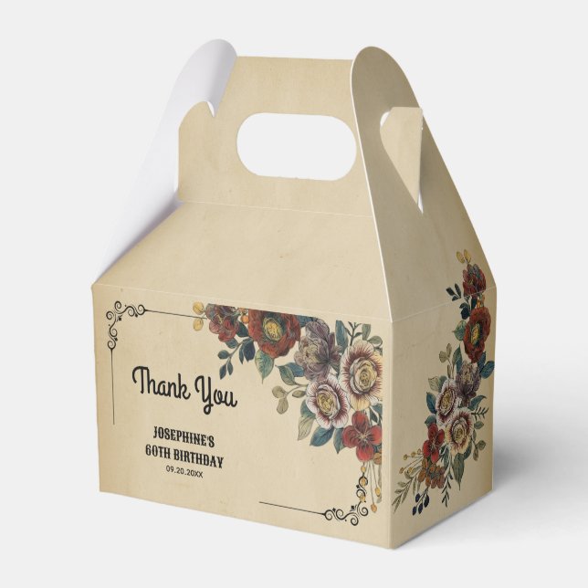Caixinha De Lembrancinhas Ornamento Antigo Floral Aniversário Obrigado (Frente)