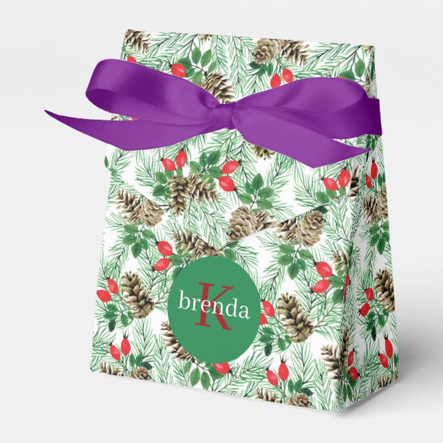 Caixinha De Lembrancinhas Padrão de Natal evergreen e pinecones (Frente)