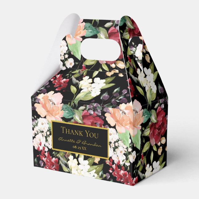 Caixinha De Lembrancinhas Padrão Floral Dourado Borgonha Negra Elegante (Frente)
