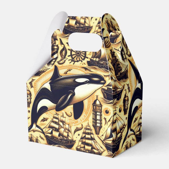 Caixinha De Lembrancinhas Padrão Náutico Vintage Orca (Frente)