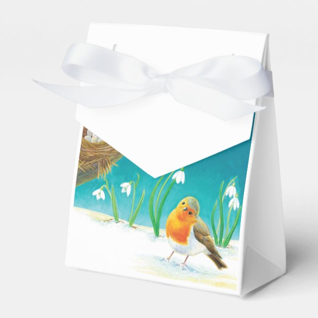 Caixinha De Lembrancinhas Pássaro Vermelho Robin e Liras de Neve do Primaver (Frente)