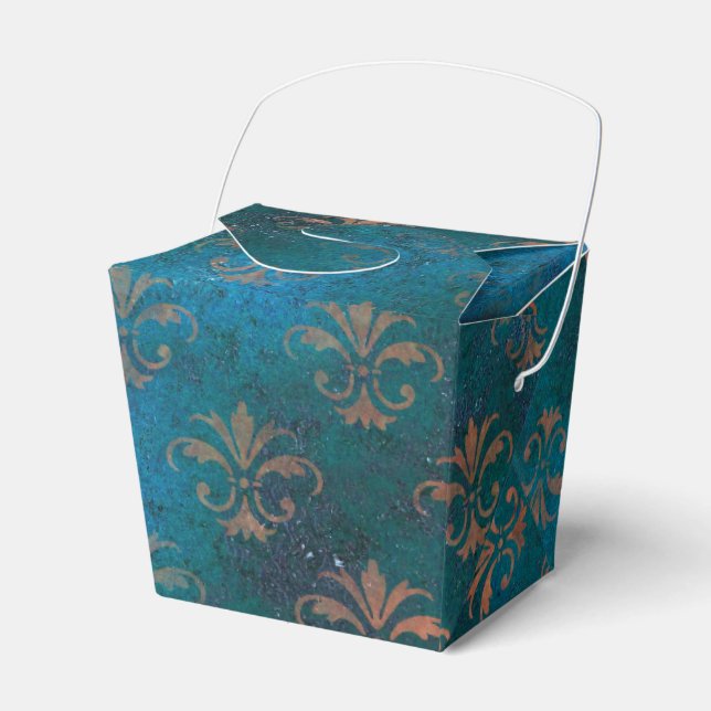 Caixinha De Lembrancinhas Pátina de cobre grunge e Fleur de Lis em turquesa (Frente)
