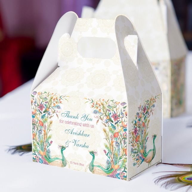 Caixinha De Lembrancinhas Pavão floral azul-lacrimogênio (Teal blue green cerise floral peacock favor box)