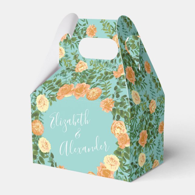 Caixinha De Lembrancinhas Peach Aqua Teal Wedding Rosa Floral (Frente)