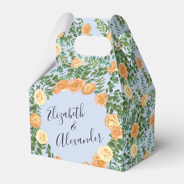 Caixinha De Lembrancinhas Peach Rosas Azuis De Casamento Floral (Frente)
