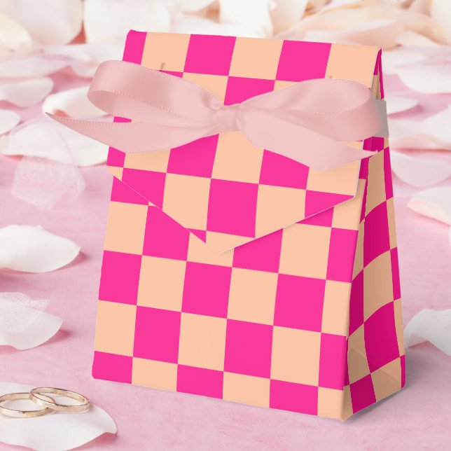 Caixinha De Lembrancinhas Pêssego rosa-quente dos quadrados verificados retr (Casamento)