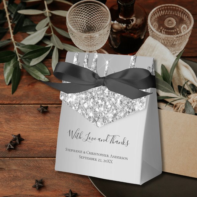 Caixinha De Lembrancinhas Pingo de Brilho Prata Casamento  (Silver Dripping Glitter Formal Wedding Favor Boxes)