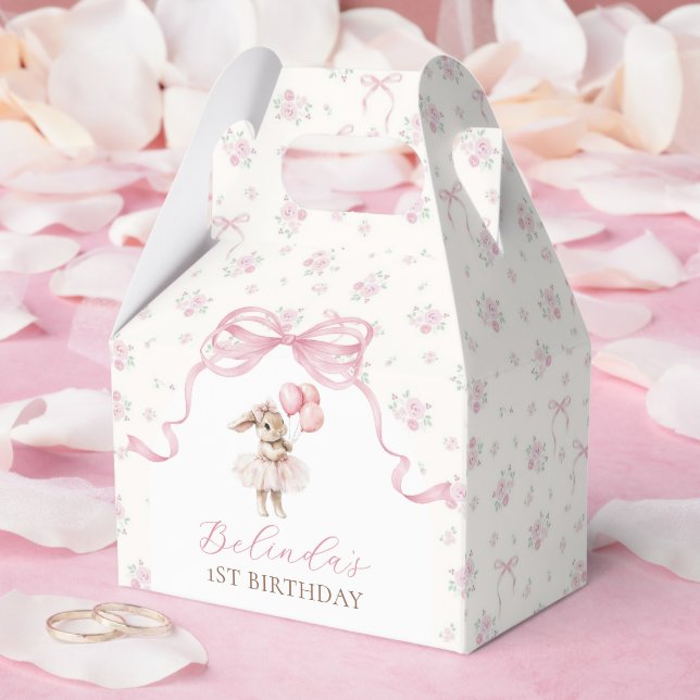Caixinha De Lembrancinhas Pink Floral Coquette Bow Bunny 1st Birthday (Casamento)