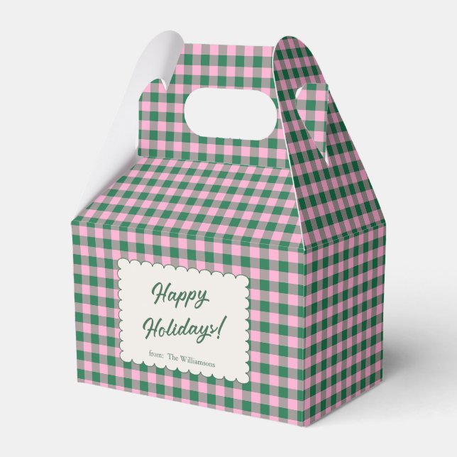 Caixinha De Lembrancinhas Pink Green Gingham Plaid Personalized Christmas (Frente)