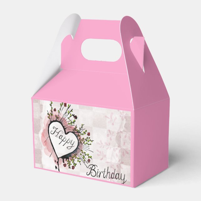 Caixinha De Lembrancinhas Pink Happy Birthday Favor Box Floral Heart Design (Frente)