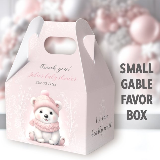 Caixinha De Lembrancinhas Podemos Esperar Chá de fraldas Rosa Polar Bear (Pink Polar Bear Small Gable Favor Boxes - You can choose from 3 sizes of these gable favor boxes)