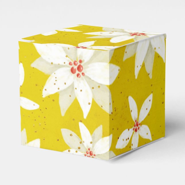 Caixinha De Lembrancinhas Poinsétias Brancas Acentos Vermelhos Amarelo Doura (Frente)