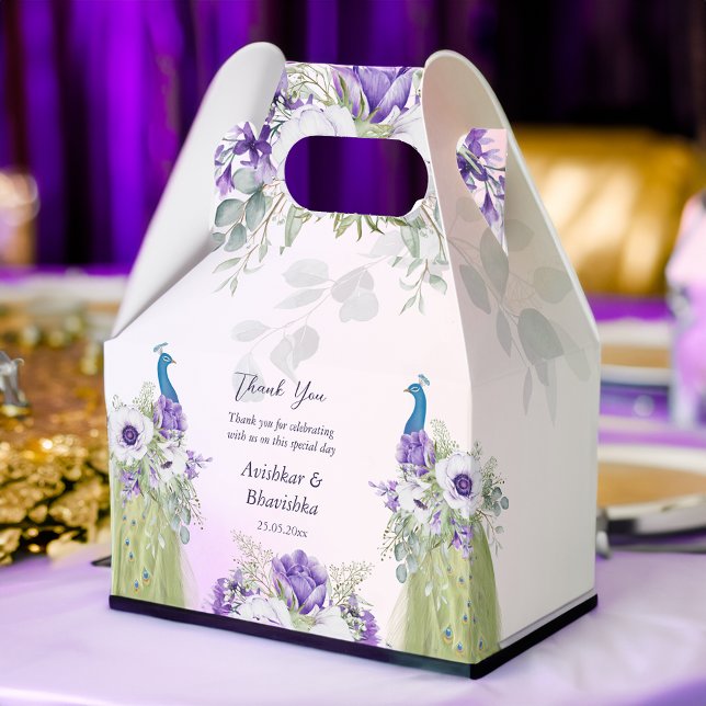 Caixinha De Lembrancinhas Prateado de casamento de flores roxas (Purple flowers peacocks  wedding favor gifts personalized printed  favor box template)