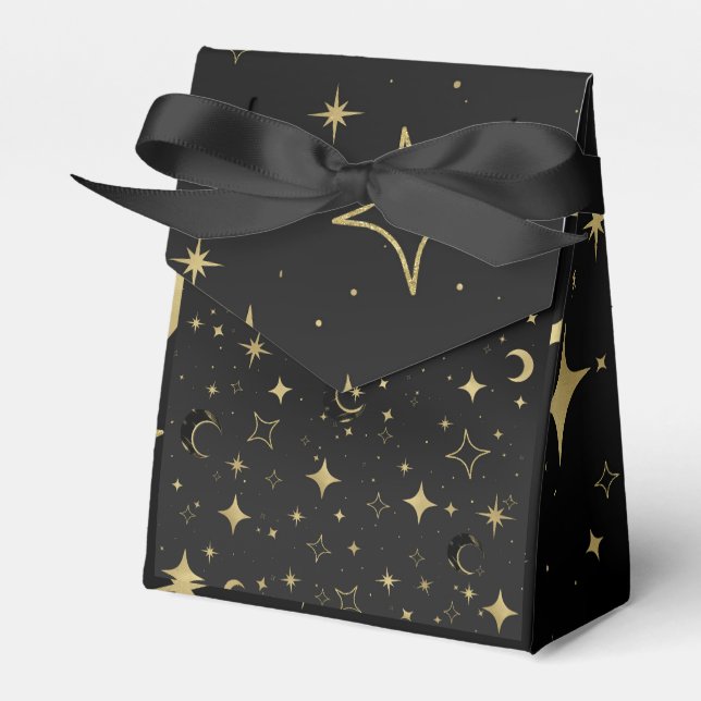 Caixinha De Lembrancinhas Preto e Dourado Moderno Celestial Lua Estrelas Cas (Frente)