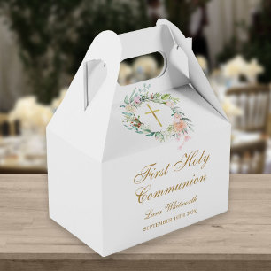 Caixinha De Lembrancinhas Primeira Comunhão Aquarela Floral Dourado Script
