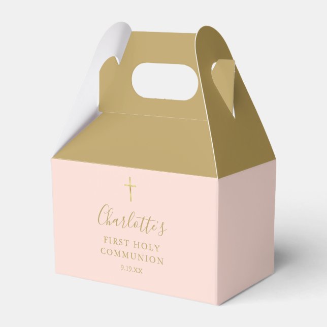 Caixinha De Lembrancinhas Primeira Comunhão Dourado Blush Rosa (Frente)