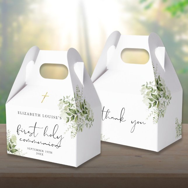 Caixinha De Lembrancinhas Primeira Comunhão Elegante com Verdor Rústico (Rustic Greenery Elegant First Holy Communion Favor Boxes)