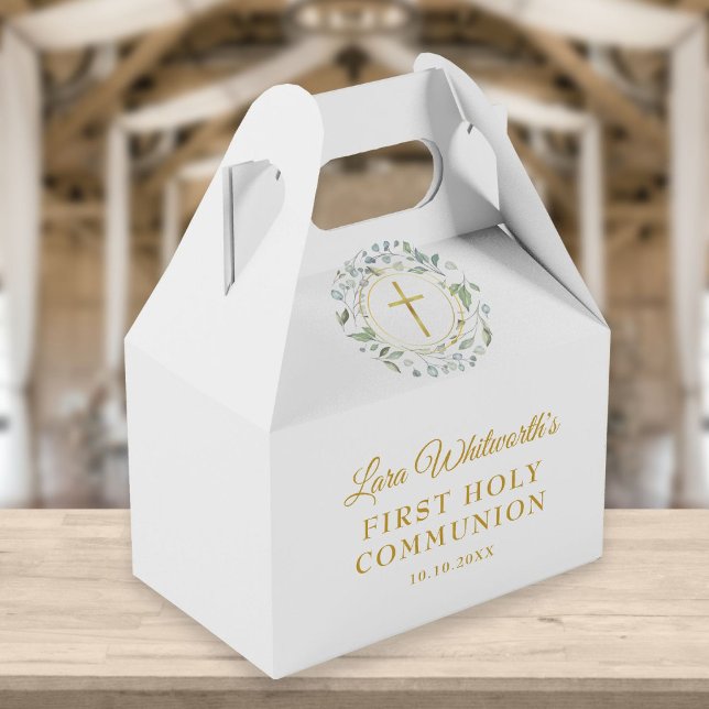 Caixinha De Lembrancinhas Primeira Comunhão Grinalda de Louro Dourado Script (Criador carregado)