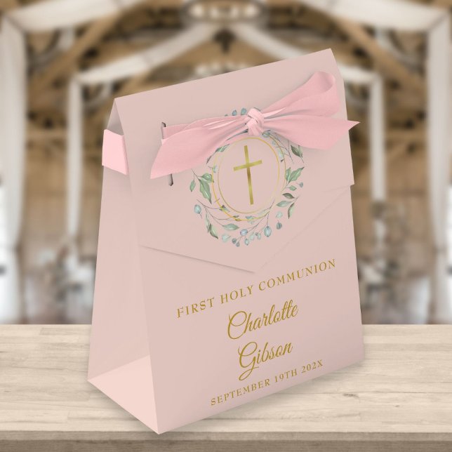 Caixinha De Lembrancinhas Primeira Comunhão Grinalda de Verdura Rosa Cor-de- (Criador carregado)