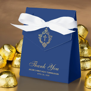 Caixinha De Lembrancinhas Primeira Comunhão Menino Crista de Ouro Azul Royal