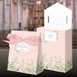 Caixinha De Lembrancinhas Primeira Comunhão Rosa Elegante Folhagem